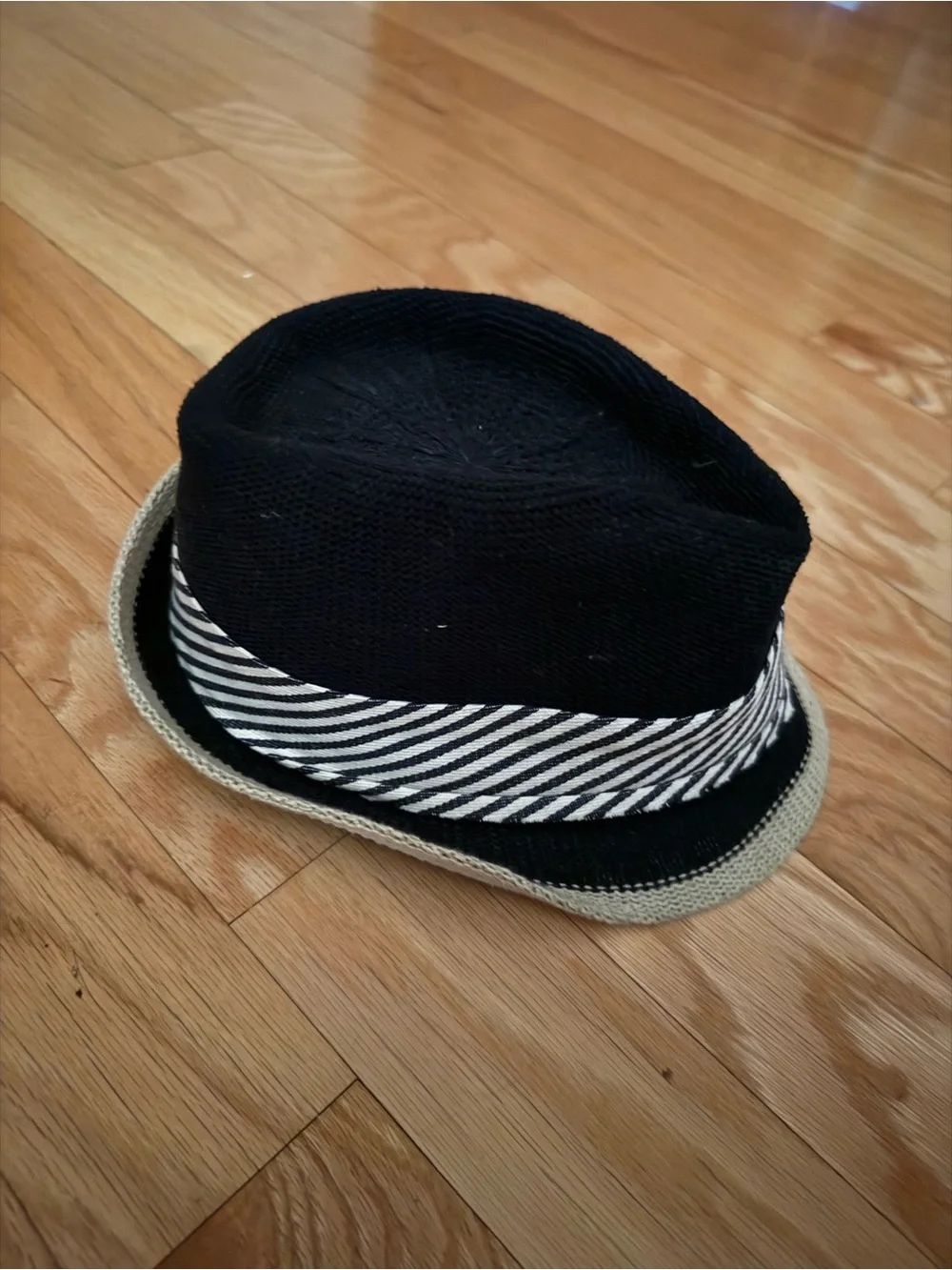 J. Crew Black Straw Fedora with Cream Trim and Striped Bow